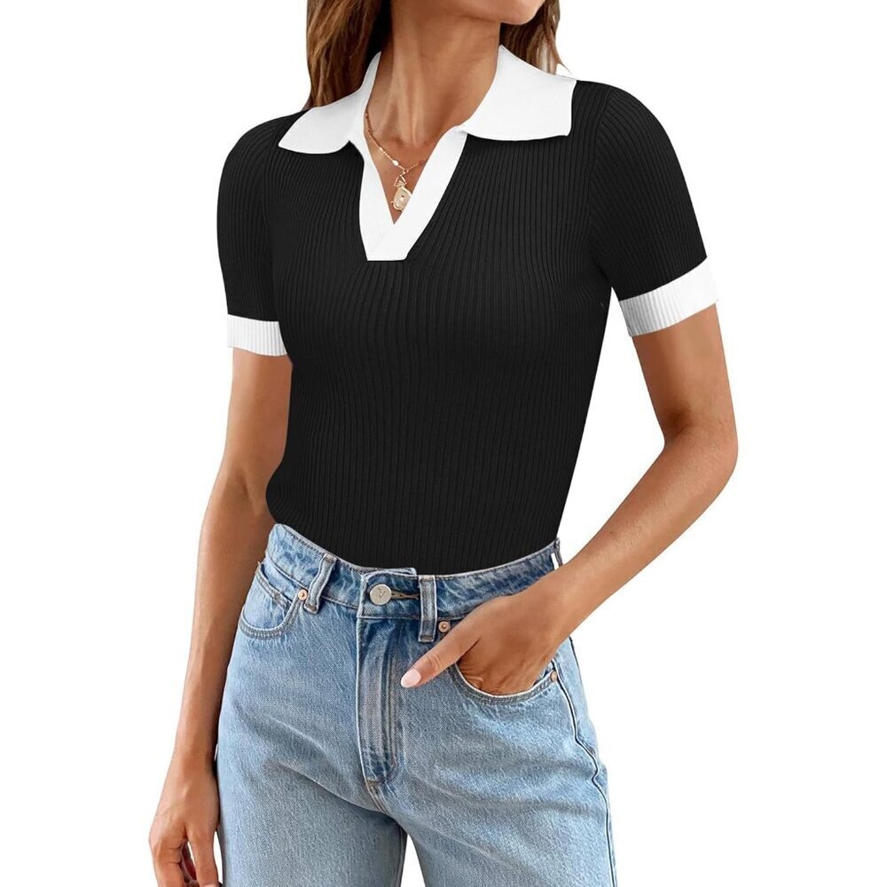 Women's V Neck Short Sleeve Slim Fit Knit Tee Top Summer Casual Plus Size